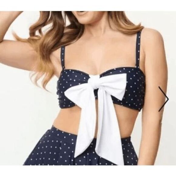 Unique Vintage Pin Dot Pin-Up Rialto Bikini Top Navy & White M - Picture 1 of 6